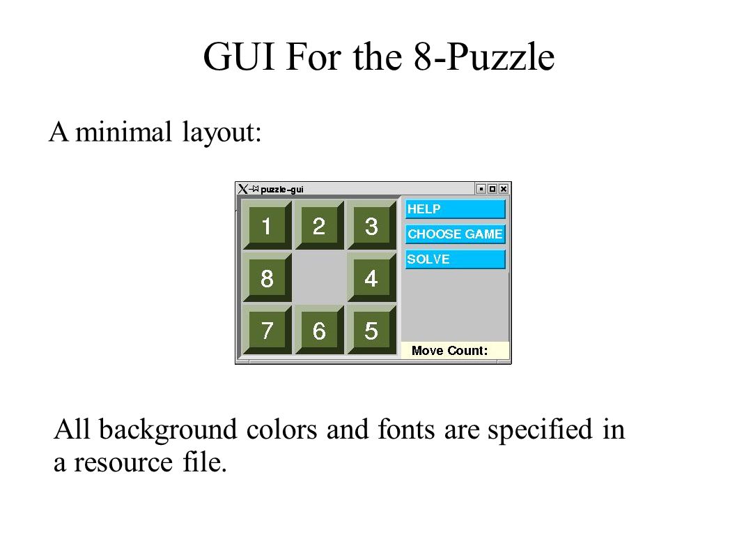 GUI For the 8-Puzzle A minimal layout: All background colors and fonts are  specified in a resource file. - ppt download