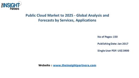 Public Cloud Market to Global Analysis and Forecasts by Services, Applications No of Pages: 150 Publishing Date: Jan 2017 Single User PDF: US$ 3900.