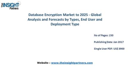 Database Encryption Market to Global Analysis and Forecasts by Types, End User and Deployment Type No of Pages: 150 Publishing Date: Jan 2017 Single.