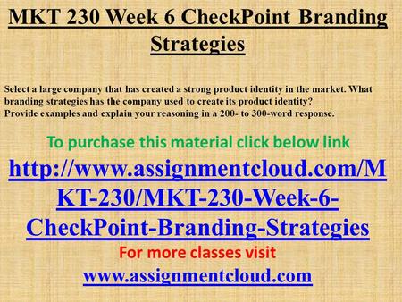 MKT 230 Week 6 CheckPoint Branding Strategies Select a large company that has created a strong product identity in the market. What branding strategies.