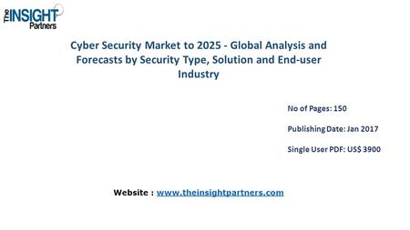 Cyber Security Market to Global Analysis and Forecasts by Security Type, Solution and End-user Industry No of Pages: 150 Publishing Date: Jan 2017.