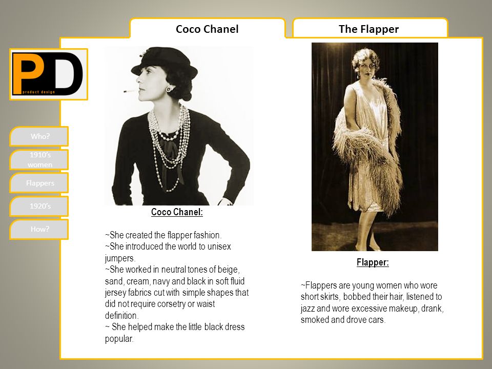 Who? 1910's women Flappers 1920's How? Coco ChanelThe Flapper Coco