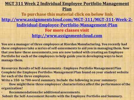 MGT 311 Week 2 Individual Employee Portfolio Management Plan To purchase this material click on below link