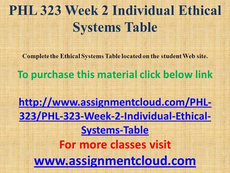 PHL 323 Week 2 Individual Ethical Systems Table Complete the Ethical Systems Table located on the student Web site. To purchase this material click below.