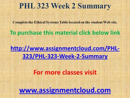 PHL 323 Week 2 Summary Complete the Ethical Systems Table located on the student Web site. To purchase this material click below link