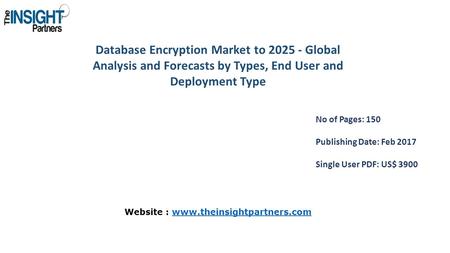 Database Encryption Market to Global Analysis and Forecasts by Types, End User and Deployment Type No of Pages: 150 Publishing Date: Feb 2017 Single.
