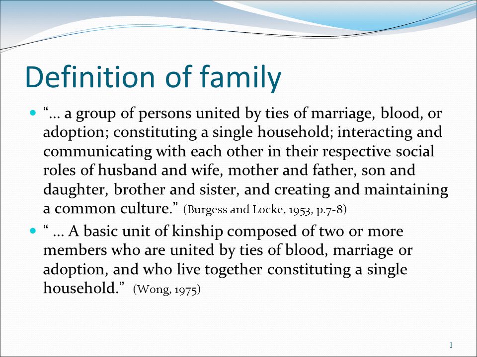 Definition of family “... a group of persons united by ties of marriage,  blood, or adoption; constituting a single household; interacting and  communicating. - ppt download