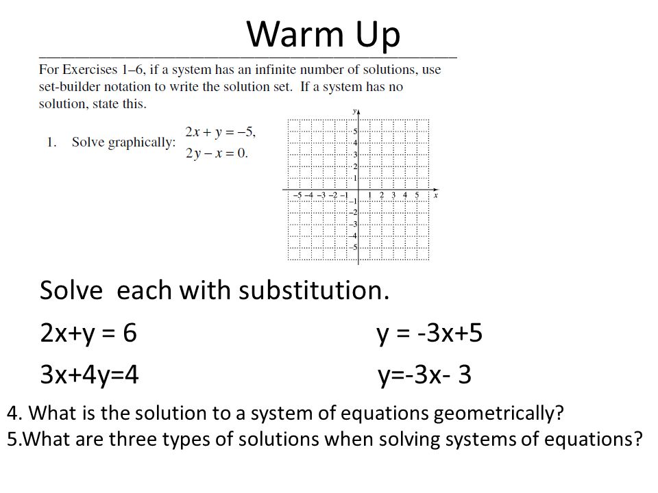 Solve Each With Substitution 2x Y 6 Y 3x 5 3x 4y 4 Y 3x Ppt Download