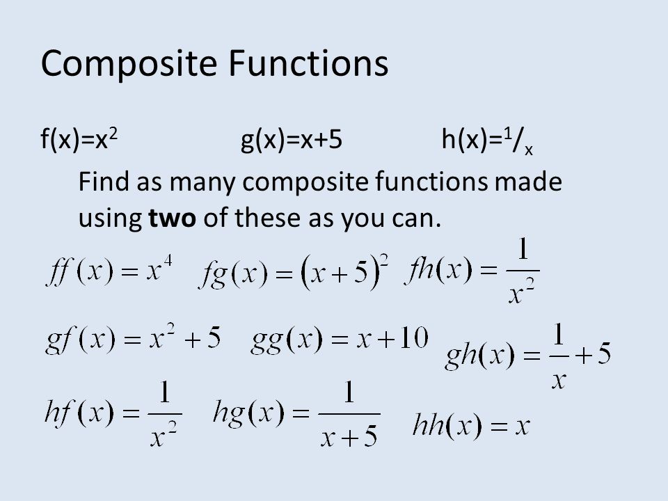 Composite Functions F X X 2 G X X 5h X 1 X Find As Many Composite Functions Made Using Two Of These As You Can Ppt Download