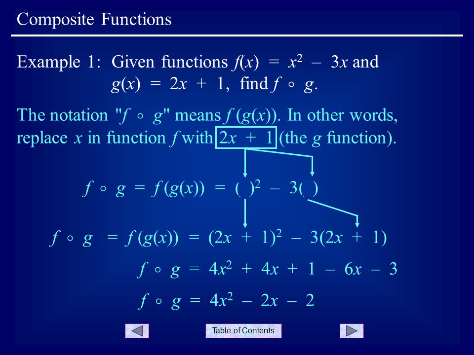 Table Of Contents Composite Functions Example 1 Given Functions F X X 2 3x And G X 2x 1 Find F G The Notation F G Means F G X In Ppt Download Table Of Contents Composite Functions Example 1 Given Functions F X X 2 3x And G X 2x 1 Find F G The Notation F G Means F G X In Ppt Download