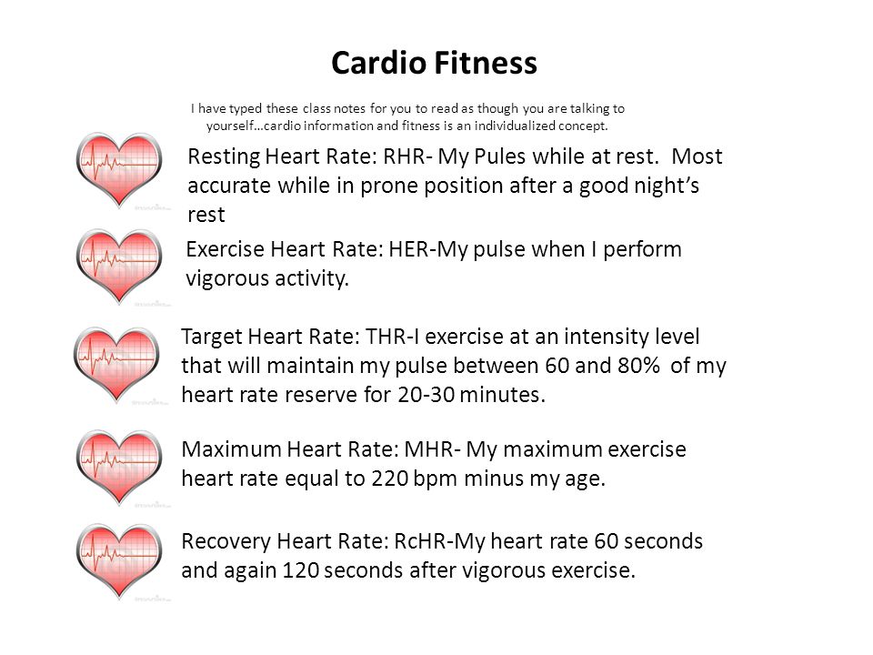 Cardio Fitness Resting Heart Rate: RHR- My Pules while at rest. Most  accurate while in prone position after a good night's rest Exercise Heart  Rate: HER-My. - ppt download