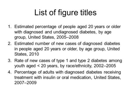 List of figure titles 1.Estimated percentage of people aged 20 years or older with diagnosed and undiagnosed diabetes, by age group, United States, 2005–2008.