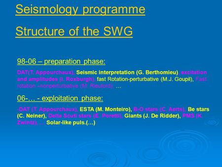 Seismology programme Structure of the SWG 98-06 – preparation phase: DAT(T. Appourchaux), Seismic interpretation (G. Berthomieu), excitation and amplitudes.