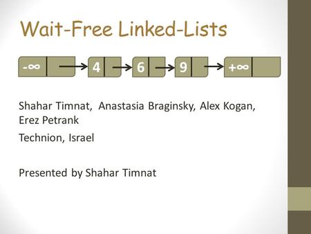 Wait-Free Linked-Lists Shahar Timnat, Anastasia Braginsky, Alex Kogan, Erez Petrank Technion, Israel Presented by Shahar Timnat 469-+