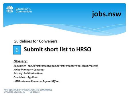 Guidelines for Conveners: Submit short list to HRSO Glossary: Requisition - Job Advertisement (open Advertisement or Pool Merit Process) Hiring Manager.