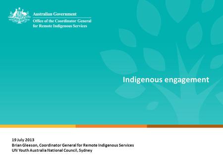 Indigenous engagement 19 July 2013 Brian Gleeson, Coordinator General for Remote Indigenous Services UN Youth Australia National Council, Sydney.