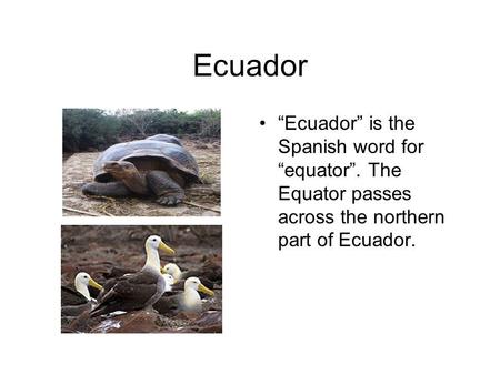 Ecuador Ecuador is the Spanish word for equator. The Equator passes across the northern part of Ecuador.