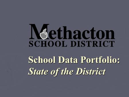 School Data Portfolio: State of the District. STUDENT DATA Student enrollment Student enrollment Class size Class size Ethnic data Ethnic data English.