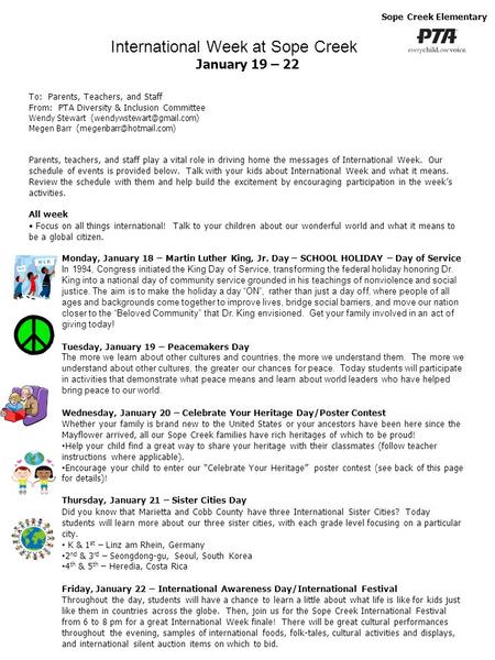 Sope Creek Elementary January 19 – 22 To: Parents, Teachers, and Staff From: PTA Diversity & Inclusion Committee Wendy Stewart