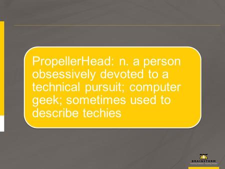 PropellerHead: n. a person obsessively devoted to a technical pursuit; computer geek; sometimes used to describe techies.