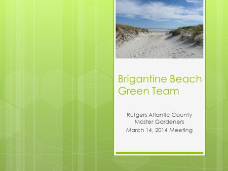 Brigantine Beach Green Team Rutgers Atlantic County Master Gardeners March 14, 2014 Meeting.