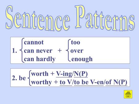 worth + V-ing/N(P) worthy + to V/to be V-en/of N(P) cannot too 1. can never + over can hardly enough 2. be.