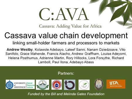 Cassava value chain development linking small-holder farmers and processors to markets Andrew Westby, Kolawole Adebayo, Lateef Sanni, Nanam Dziedzoave,