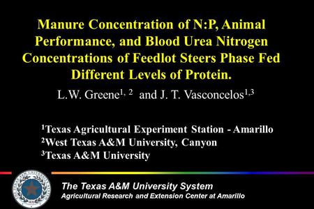 The Texas A&M University System Agricultural Research and Extension Center at Amarillo Manure Concentration of N:P, Animal Performance, and Blood Urea.