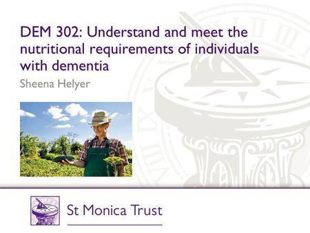 DEM 302: Understand and meet the nutritional requirements of individuals with dementia Sheena Helyer.