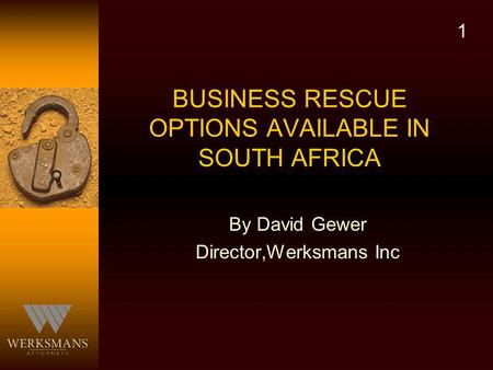 BUSINESS RESCUE OPTIONS AVAILABLE IN SOUTH AFRICA By David Gewer Director,Werksmans Inc 1.