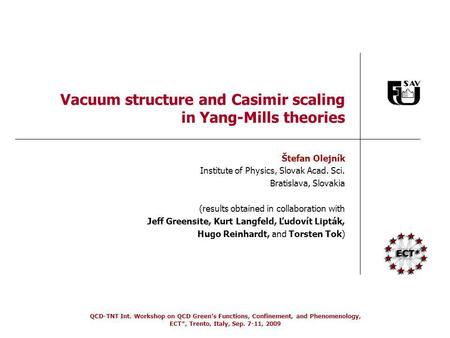QCD-TNT Int. Workshop on QCD Greens Functions, Confinement, and Phenomenology, ECT*, Trento, Italy, Sep. 7-11, 2009 Vacuum structure and Casimir scaling.