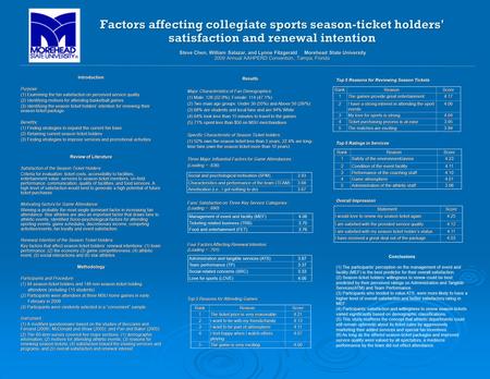 Factors affecting collegiate sports season-ticket holders' satisfaction and renewal intention Steve Chen, William Salazar, and Lynne Fitzgerald Morehead.