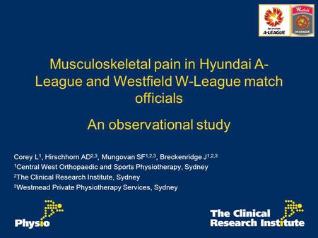 Musculoskeletal pain in Hyundai A- League and Westfield W-League match officials An observational study Corey L 1, Hirschhorn AD 2,3, Mungovan SF 1,2,3,