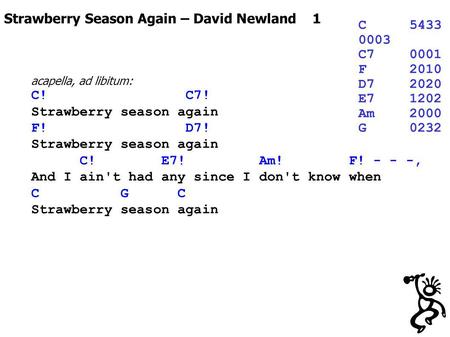 Strawberry Season Again – David Newland 1 C5433 0003 C70001 F2010 D72020 E71202 Am2000 G0232 acapella, ad libitum: C! C7! Strawberry season again F! D7!