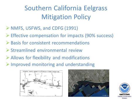 Southern California Eelgrass Mitigation Policy NMFS, USFWS, and CDFG (1991) Effective compensation for impacts (90% success) Basis for consistent recommendations.
