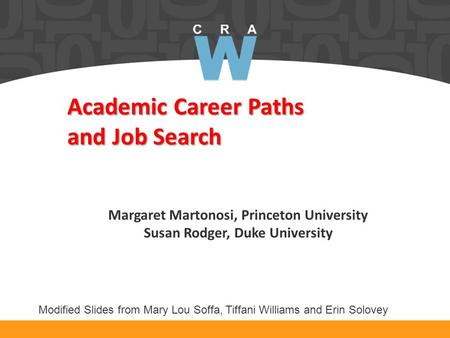 Academic Career Paths and Job Search Margaret Martonosi, Princeton University Susan Rodger, Duke University Modified Slides from Mary Lou Soffa, Tiffani.