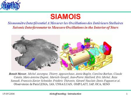 15/05/2006kickoff meeting / introduction1 SIAMOIS Sismomètre Interférentiel A Mesurer les Oscillations des Intérieurs Stellaires Seismic Interferometer.