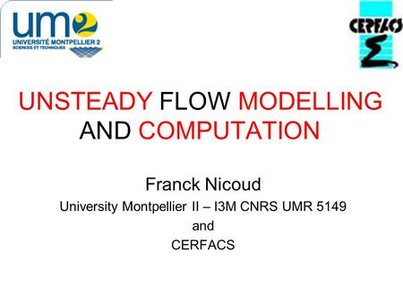 UNSTEADY FLOW MODELLING AND COMPUTATION Franck Nicoud University Montpellier II – I3M CNRS UMR 5149 and CERFACS.