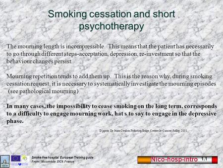 Nico-hosp-intro 1.1 Smoke-free hospital European Training guide From: Nicomède DGS France Smoking cessation and short psychotherapy The mourning length.