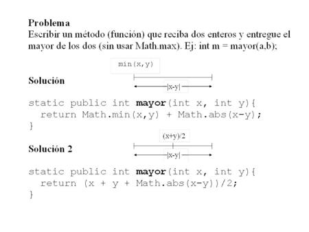 Solución 3 (más natural) static public int mayor(int x, int y) { if( x > y ) return x; else return y; } ¿Significado? si x es mayor que y, entonces entregar.