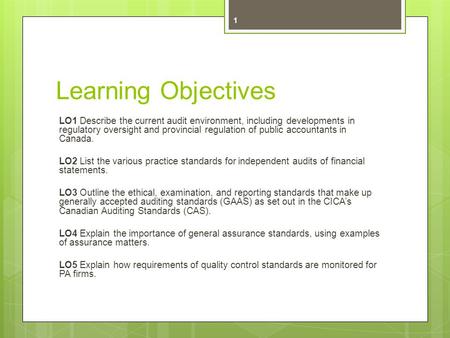 Learning Objectives LO1 Describe the current audit environment, including developments in regulatory oversight and provincial regulation of public accountants.
