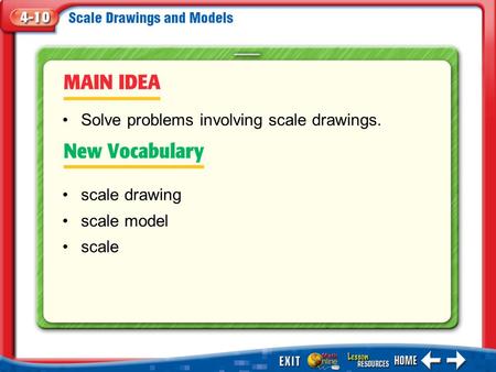 Main Idea/Vocabulary scale drawing scale model scale Solve problems involving scale drawings.