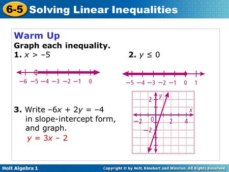 Warm Up Graph each inequality. 1. x > –5 2. y ≤ 0