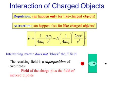 Interaction of Charged Objects Attraction: can happen also for like-charged objects! Repulsion: can happen only for like-charged objects! Intervening matter.
