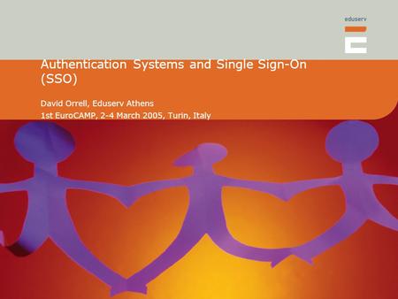 Authentication Systems and Single Sign-On (SSO) David Orrell, Eduserv Athens 1st EuroCAMP, 2-4 March 2005, Turin, Italy.