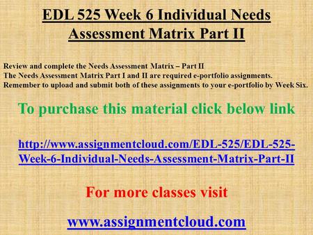 EDL 525 Week 6 Individual Needs Assessment Matrix Part II Review and complete the Needs Assessment Matrix – Part II The Needs Assessment Matrix Part I.