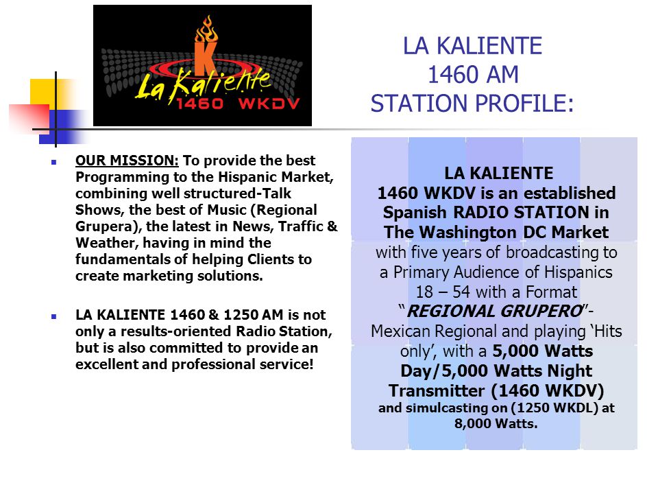 LA KALIENTE 1460 AM STATION PROFILE: OUR MISSION: To provide the best  Programming to the Hispanic Market, combining well structured-Talk Shows,  the best. - ppt download