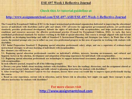 ESE 697 Week 1 Reflective Journal Check this A+ tutorial guideline at  The.