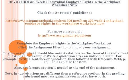 DEVRY HRM 300 Week 2 Individual Employee Rights in the Workplace Worksheet NEW Check this A+ tutorial guideline at