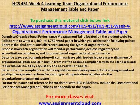 HCS 451 Week 4 Learning Team Organizational Performance Management Table and Paper To purchase this material click below link